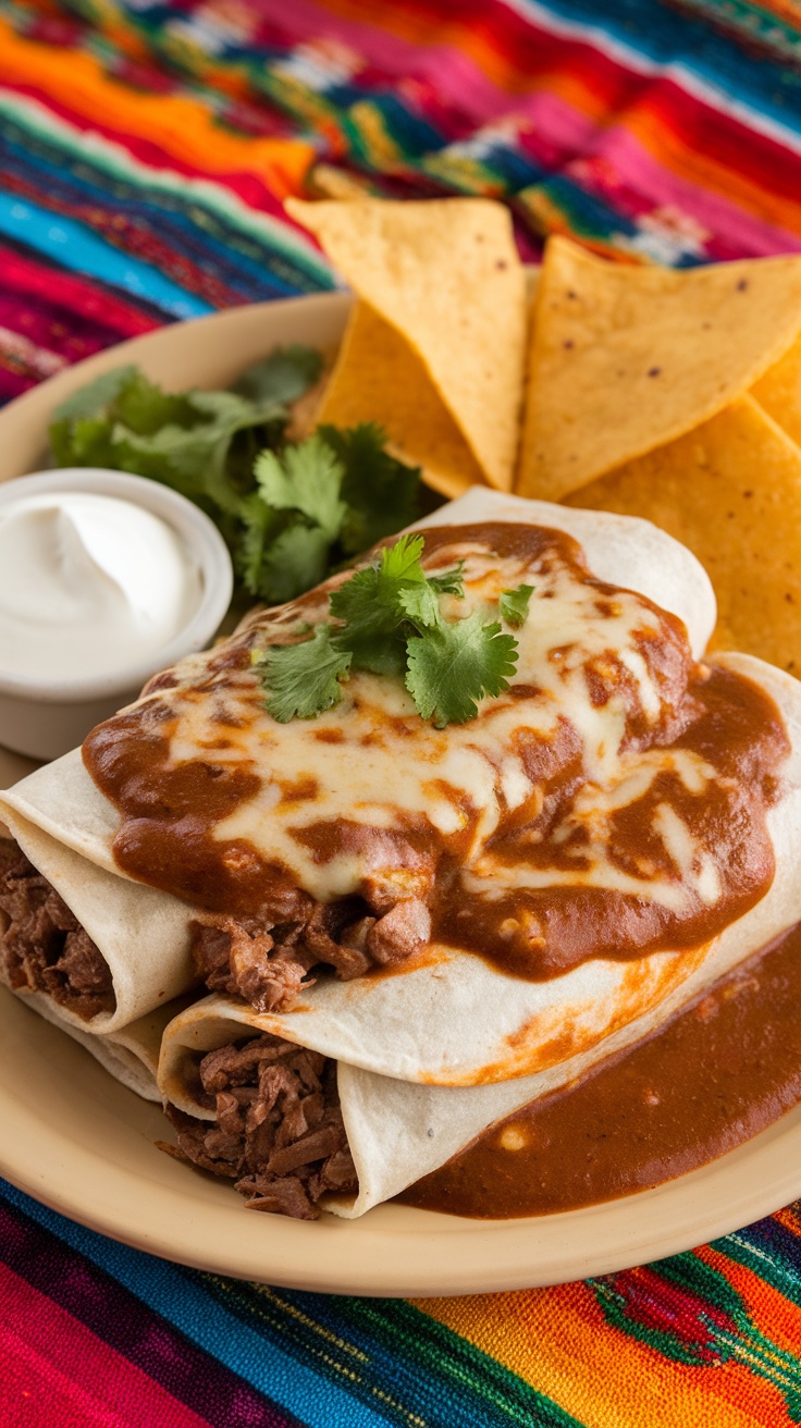 Smothered beef burritos topped with green chile sauce and cheese, garnished with cilantro and served with tortilla chips.